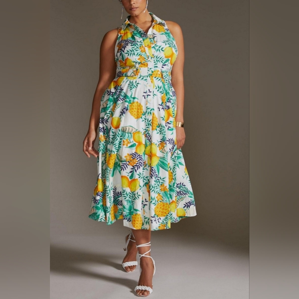 Anthropologie Maeve Lemon Midi Cotton Shirt Dress M